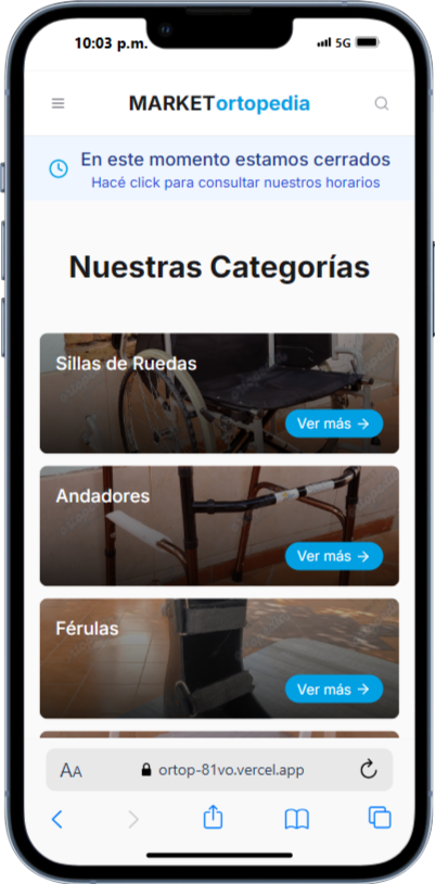 Captura de pantalla de la tienda online de MarketOrtopedia en un teléfono
